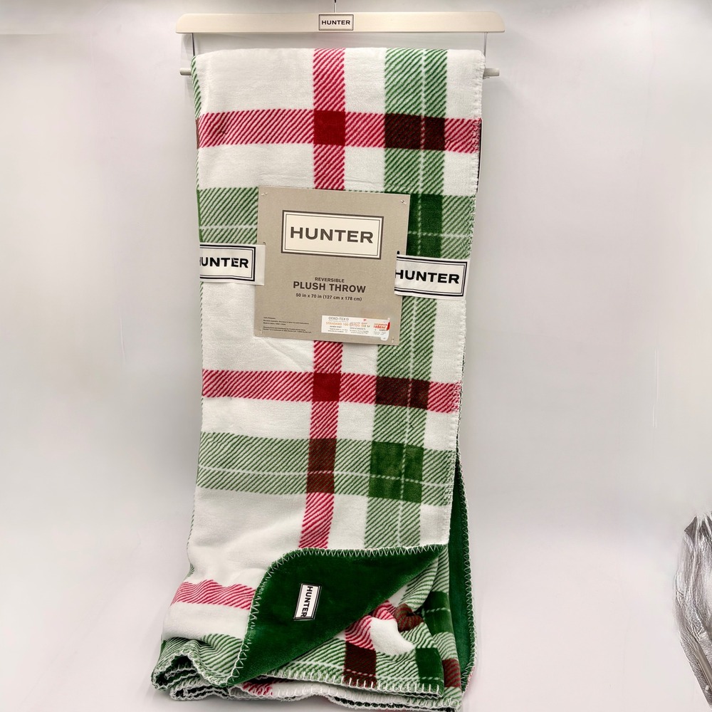Hunter Reversible Plush Throw Blanket Plaid Red Green White Cozy Soft Hoiday‎